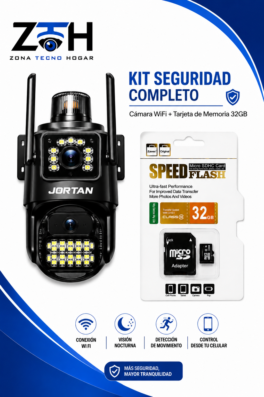 Kit Cámara de Seguridad WiFi Exterior IP 1080P + Tarjeta MicroSD 32GB | Visión Nocturna y Detección de Movimiento