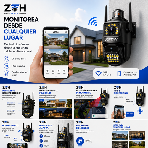Cámara de Seguridad WiFi Exterior Jortan Doble Lente PTZ 1080P con Visión Nocturna